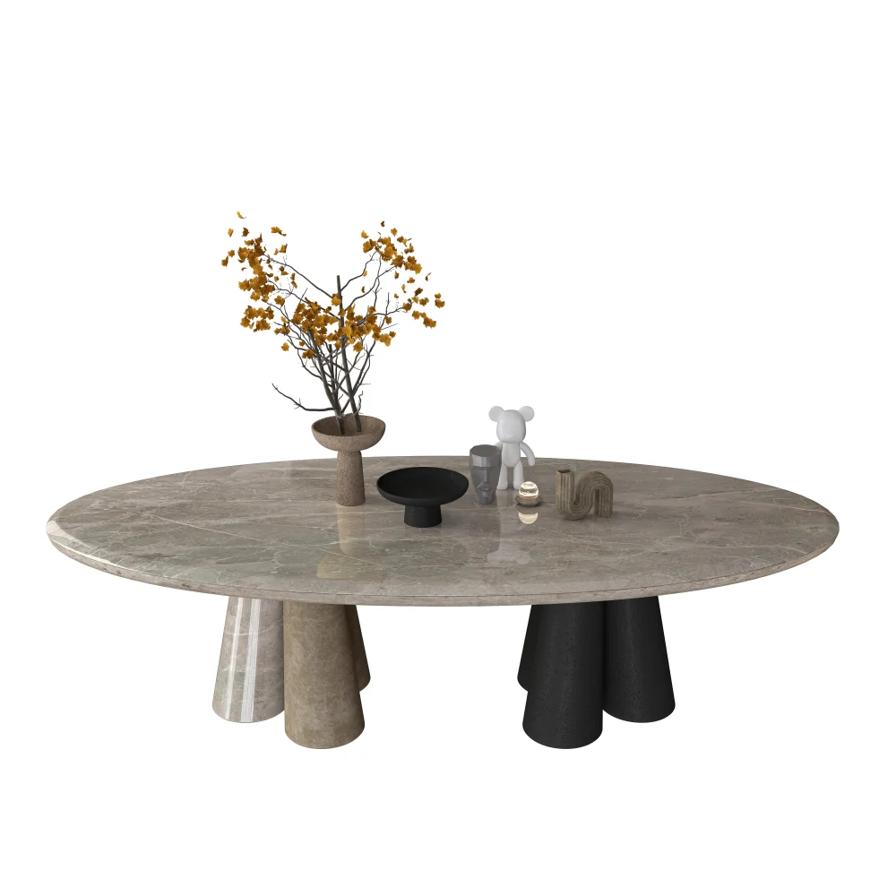 modern-luxury-oval-dining-table-with-grey-marble-slab-and-asymmetrical-concrete-black-legs - MINGSUN