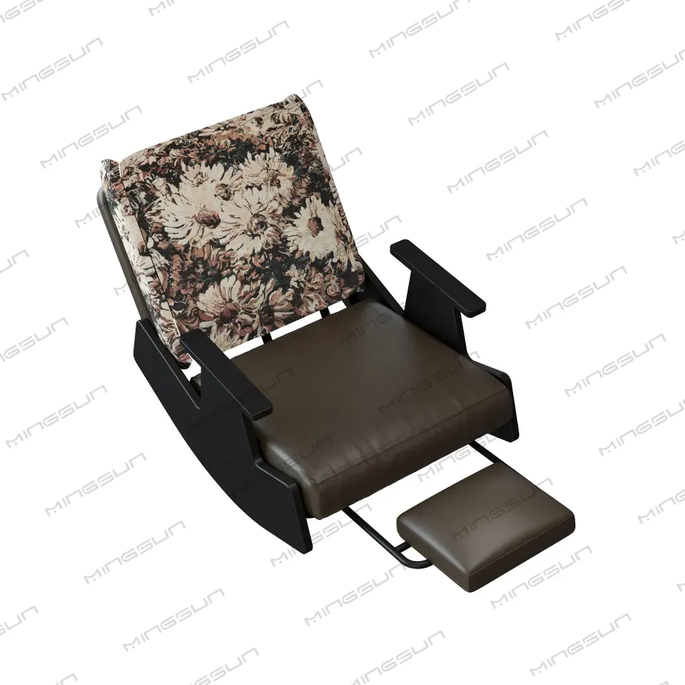 modern-rocking-recliner-with-brown-leather-and-floral-back - MINGSUN