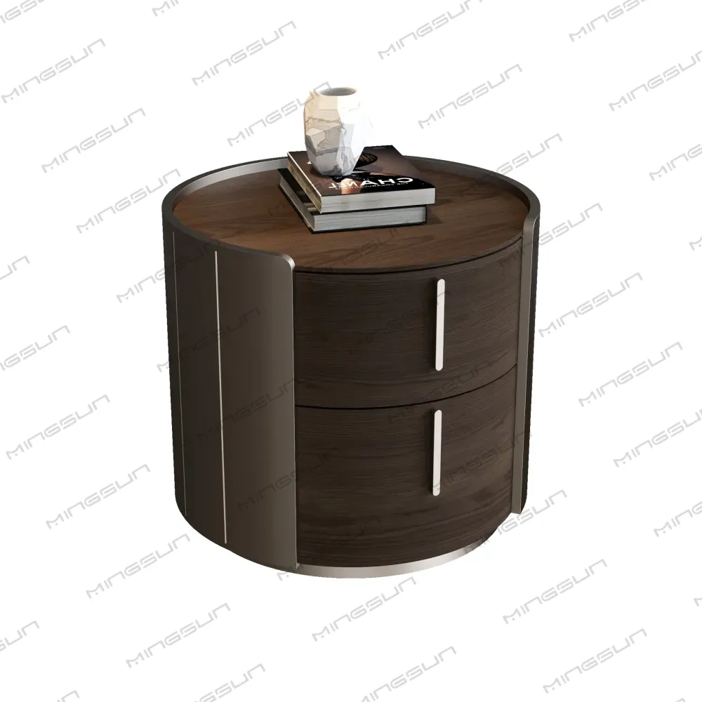 modern-round-nightstand-with-dual-drawers-and-metallic-accent-for-high-end-hotels - MINGSUN