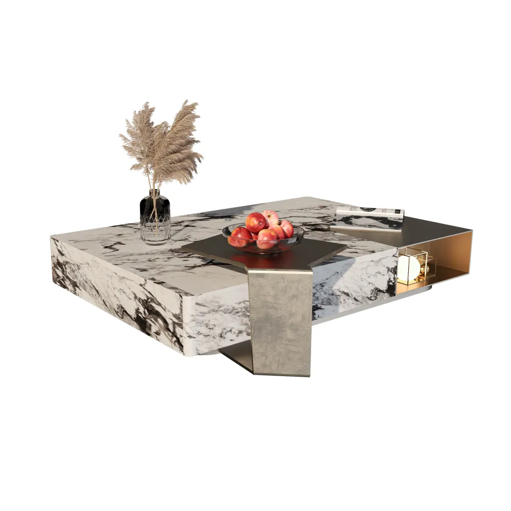modern-square-marble-coffee-table-storage-drawer-bronze-accents-hotel-furniture-view-1 - MINGSUN