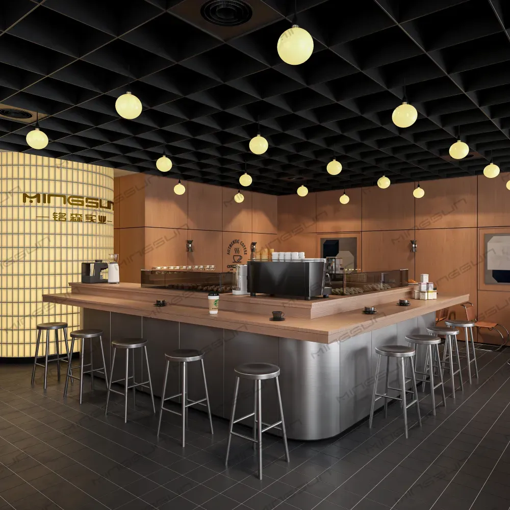 modern walnut wood coffee bar counter with professional espresso machine setup and bakery display for hotel cafes - MINGSUN modern walnut wood coffee bar counter with professional espresso machine setup and bakery display for hotel cafes - MINGSUN