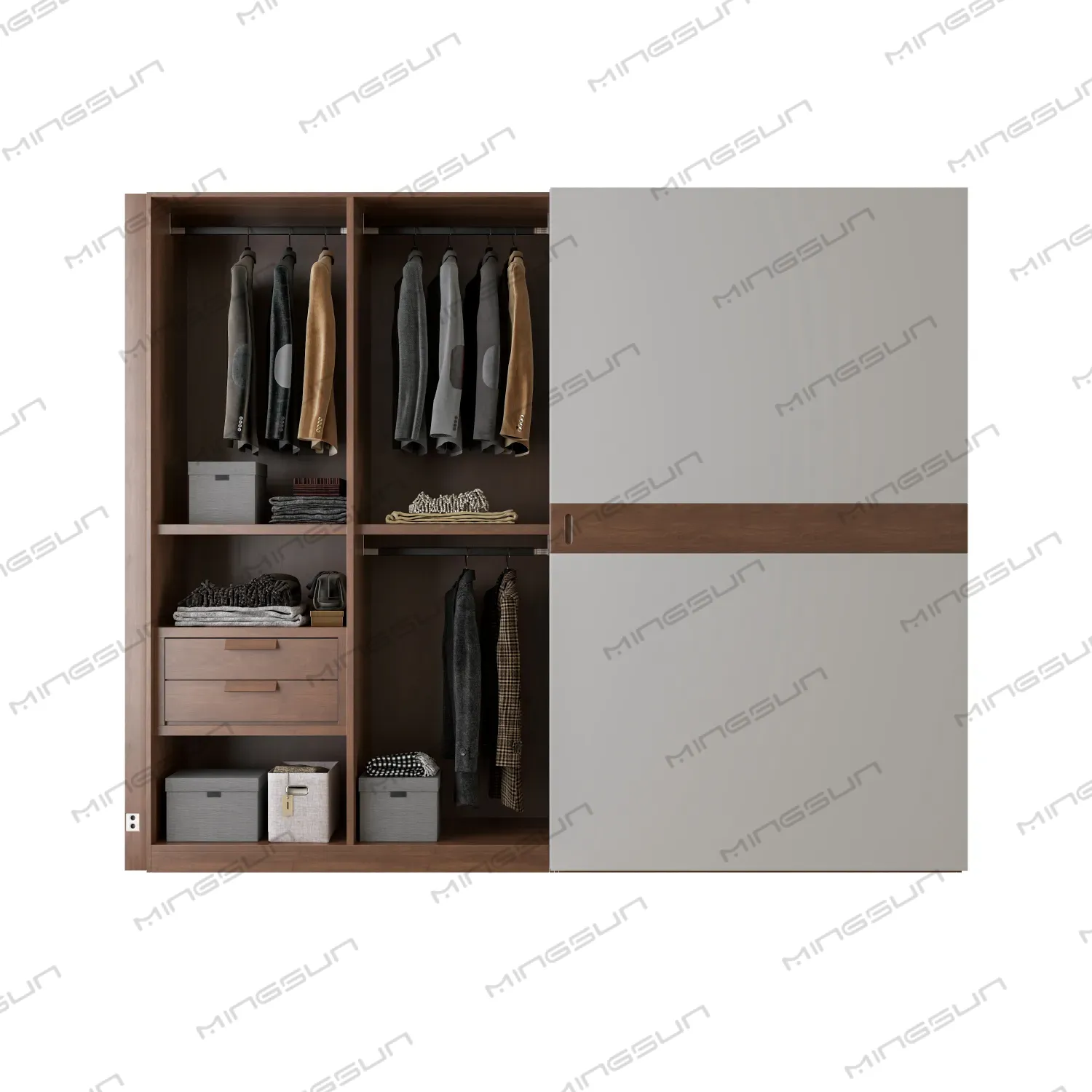 open-layout-closet-interior-with-hanging-racks-drawers-and-storage-boxes - MINGSUN