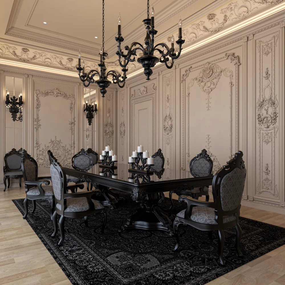 opulent-dining-room-with-black-classic-table-chandelier-and-baroque-wall-paneling-for-luxury-homes - MINGSUN