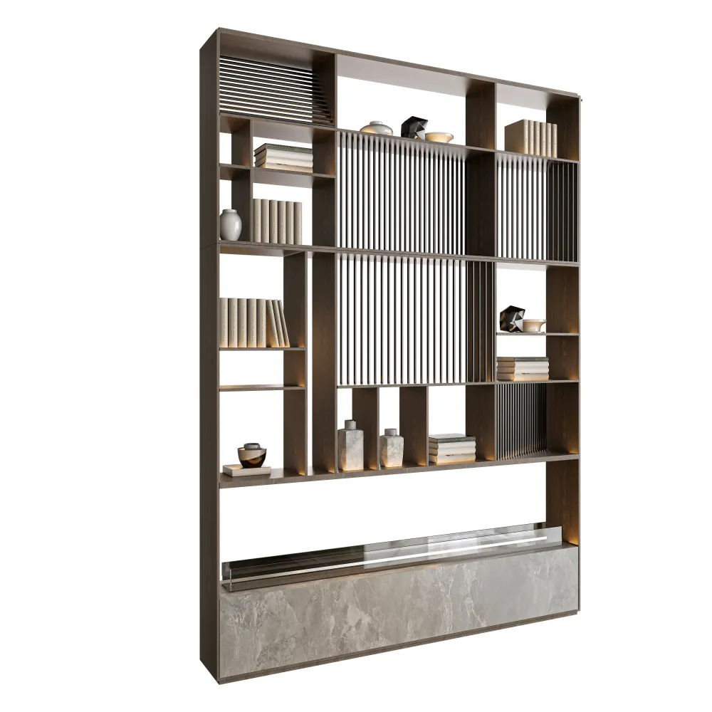 premium-commercial-bookshelf-with-textured-marble-panel-and-sleek-wood-finish-for-hotels - MINGSUN