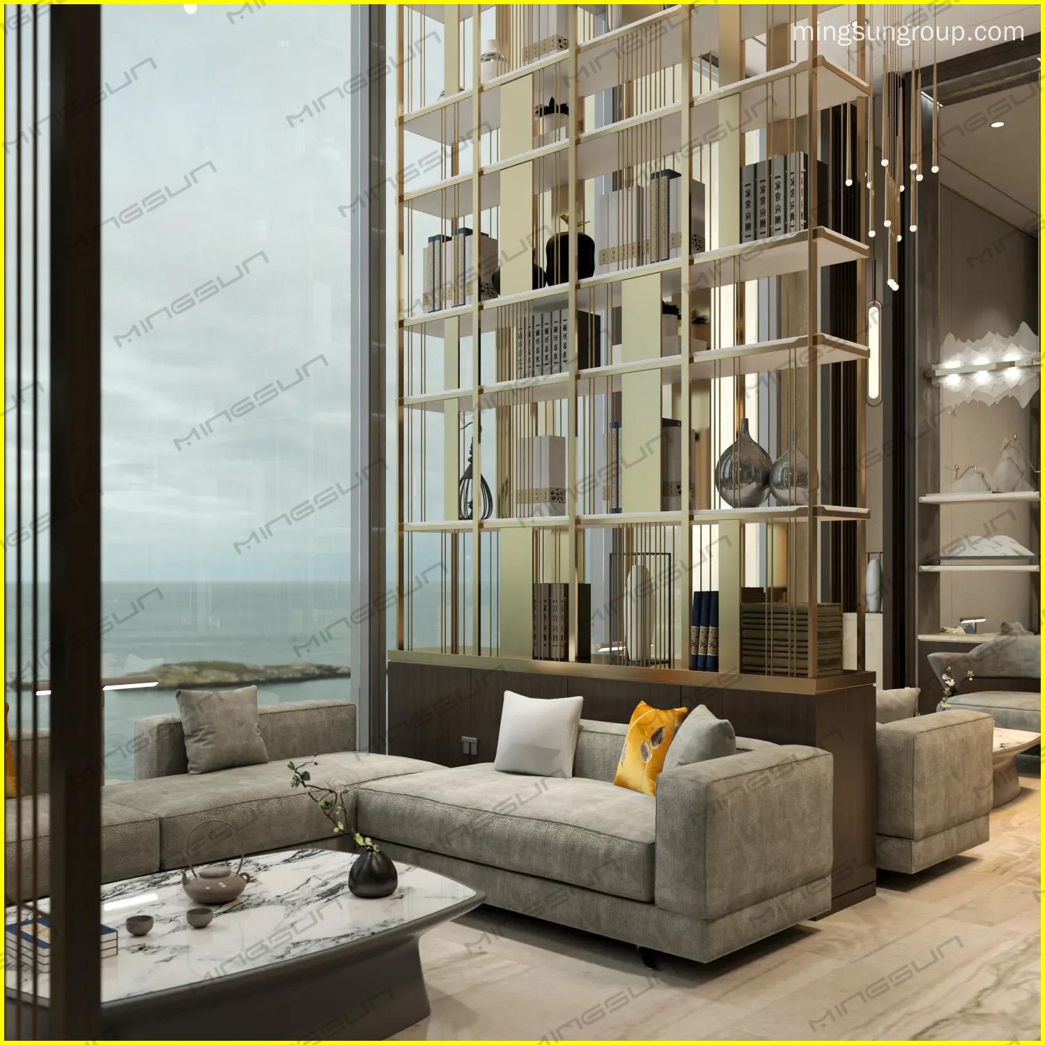 premium-hospitality-furniture-gold-metal-room-divider-bookshelf-designer-lounge-chairs - MINGSUN