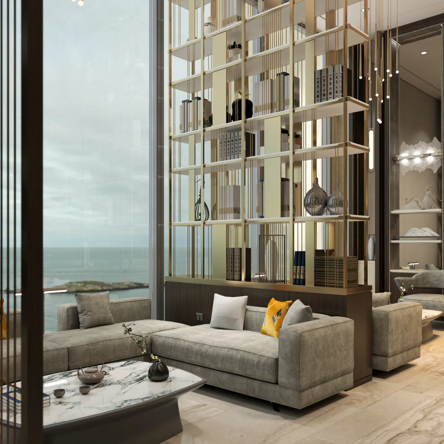 premium-hospitality-furniture-gold-metal-room-divider-bookshelf-designer-lounge-chairs