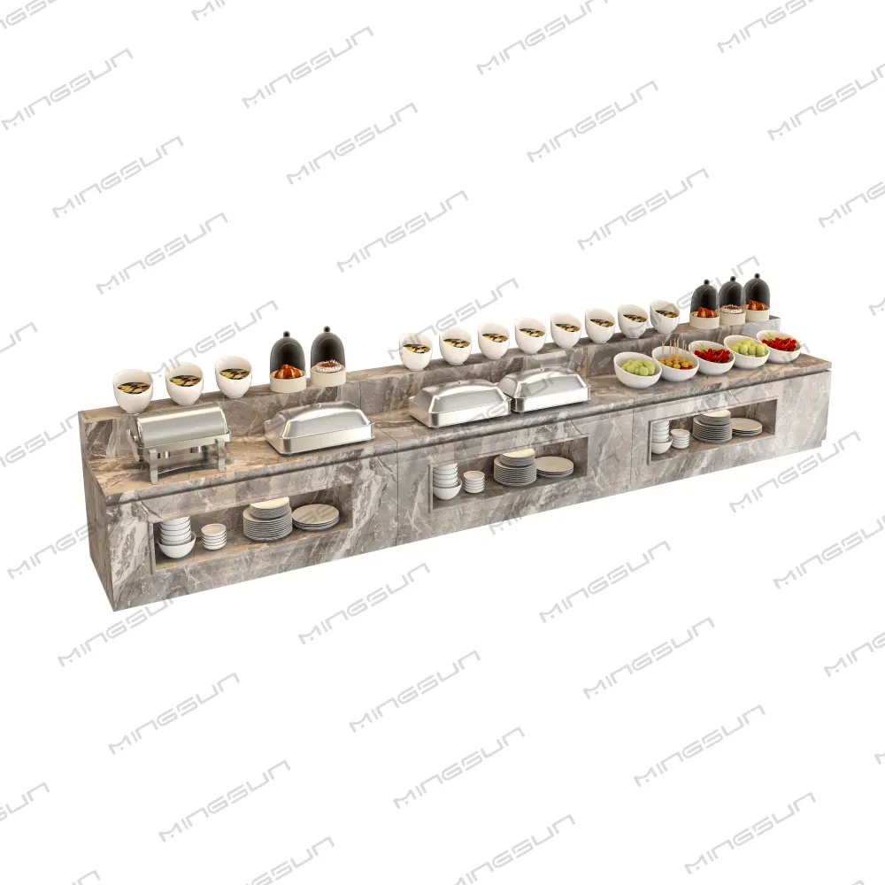 premium-hotel-buffet-table-with-integrated-shelving-and-sleek-marble-finish-design - MINGSUN