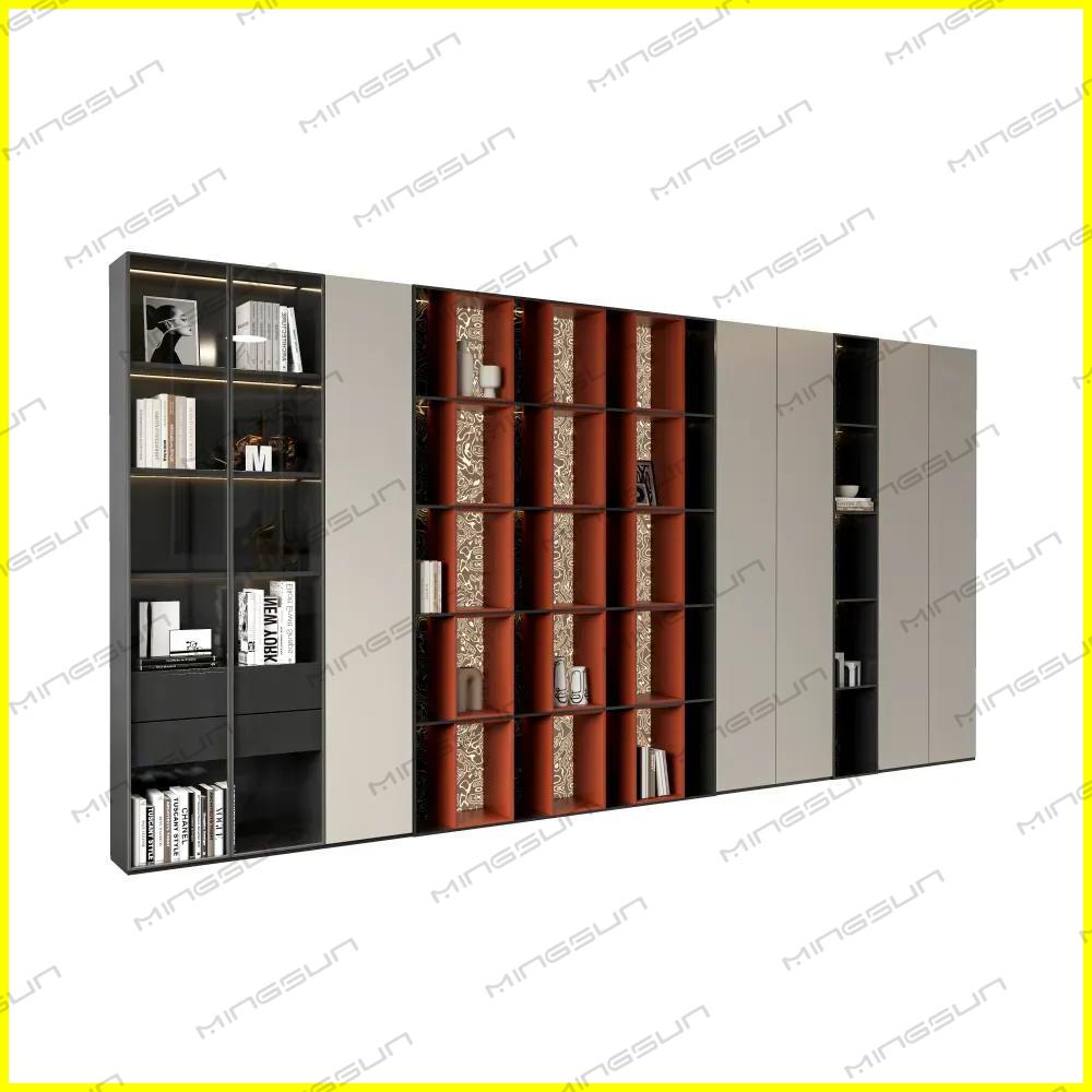 premium-hotel-wall-unit-with-asymmetrical-design-and-red-accent-shelves-for-unique-interior-style - MINGSUN