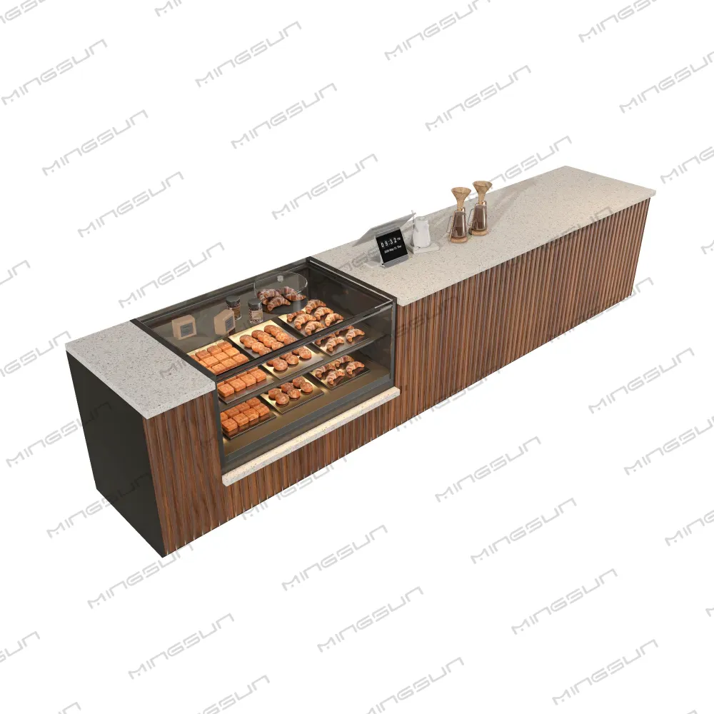 premium wood slat reception desk with refrigerated glass display for luxury apartment hotels and airport lounges - MINGSUN premium wood slat reception desk with refrigerated glass display for luxury apartment hotels and airport lounges - MINGSUN