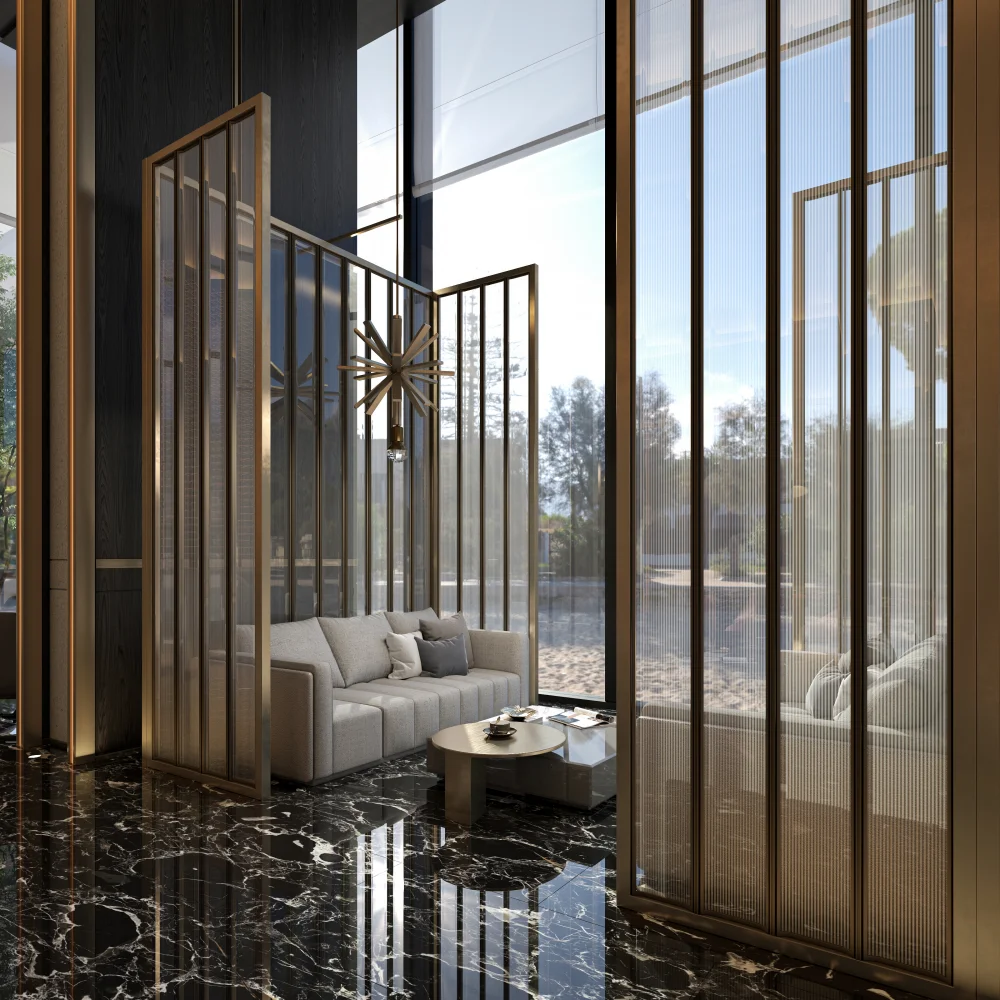 private-lounge-nook-with-glass-screen-grey-sofa-and-outdoor-view-for-high-end-hotel-design - MINGSUN