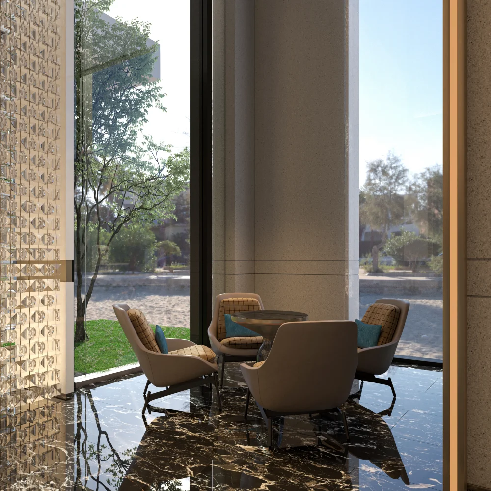private-meeting-nook-by-large-window-with-checkered-armchairs-and-outdoor-greenery-view - MINGSUN