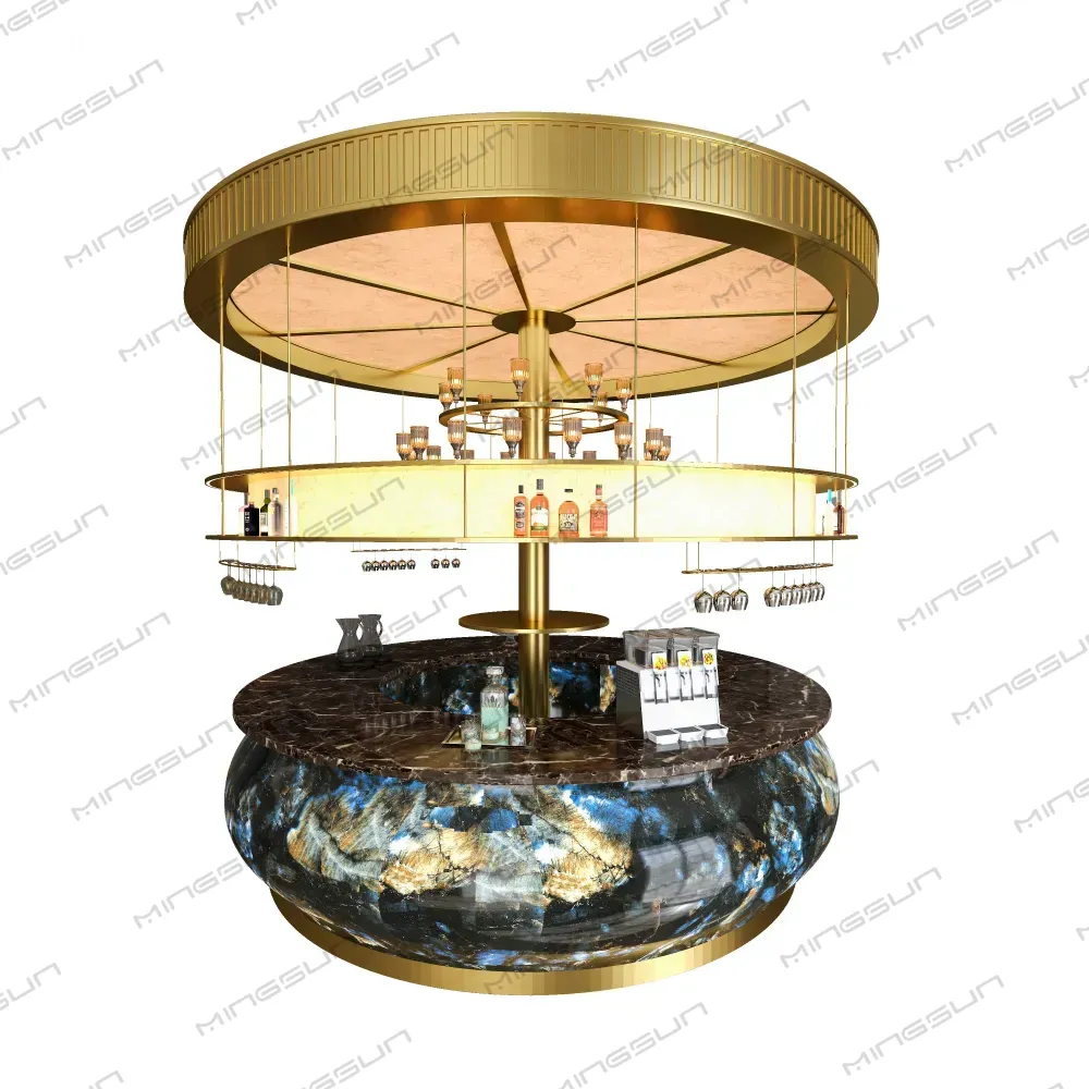 round-hotel-bar-station-gold-metal-liquor-rack-front-view-cocktail-service-area - MINGSUN