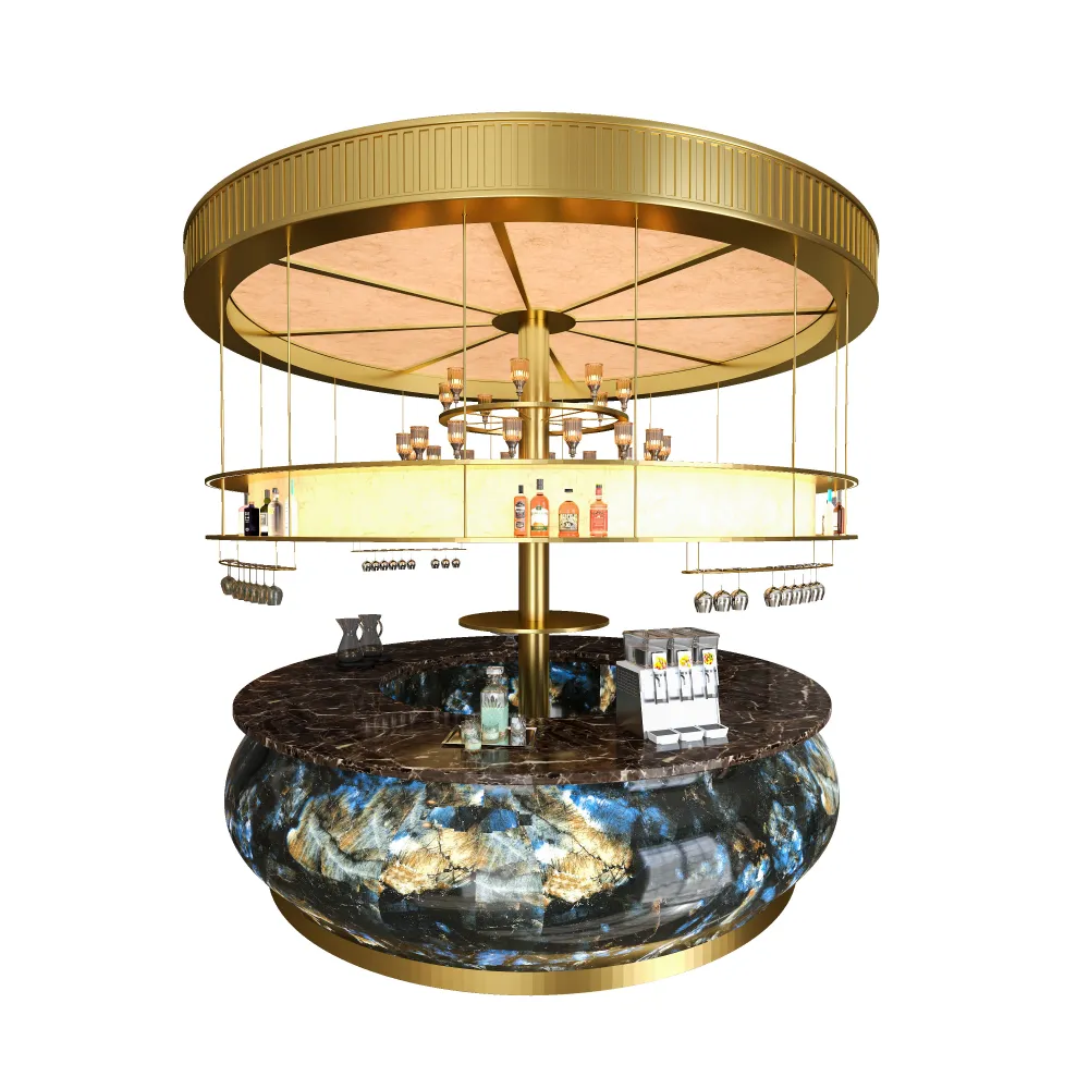 round-hotel-bar-station-gold-metal-liquor-rack-front-view-cocktail-service-area - MINGSUN