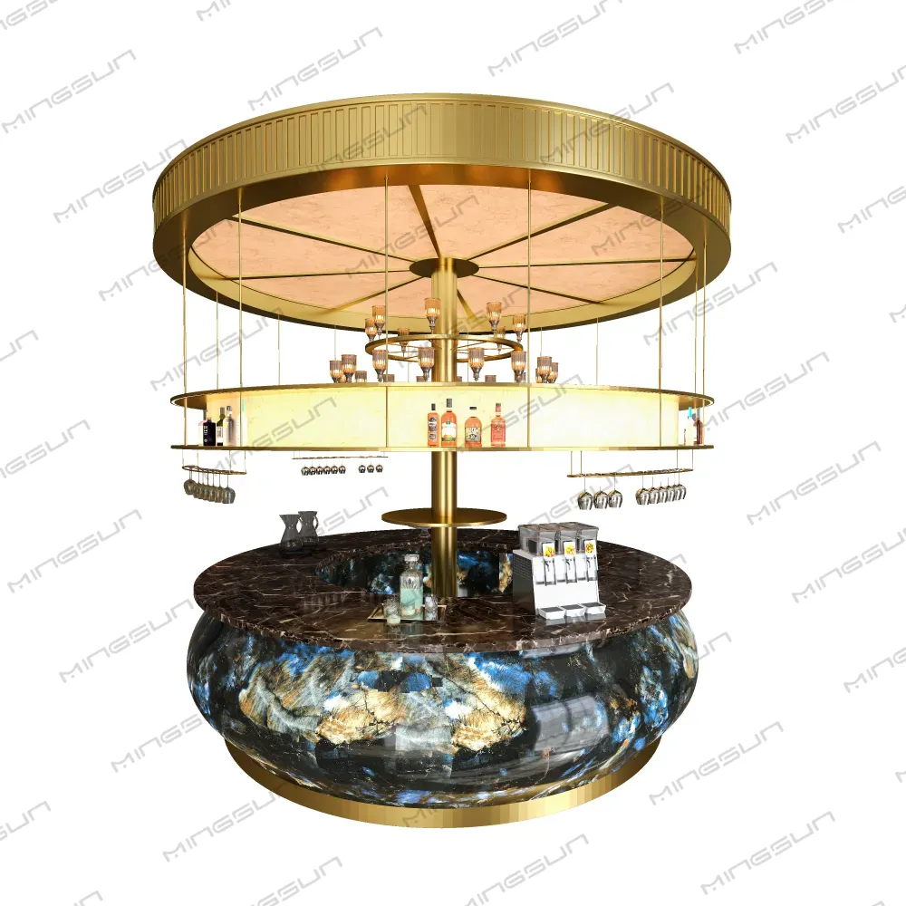 round-hotel-bar-station-gold-metal-liquor-rack-front-view-cocktail-service-area - MINGSUN round-hotel-bar-station-gold-metal-liquor-rack-front-view-cocktail-service-area - MINGSUN
