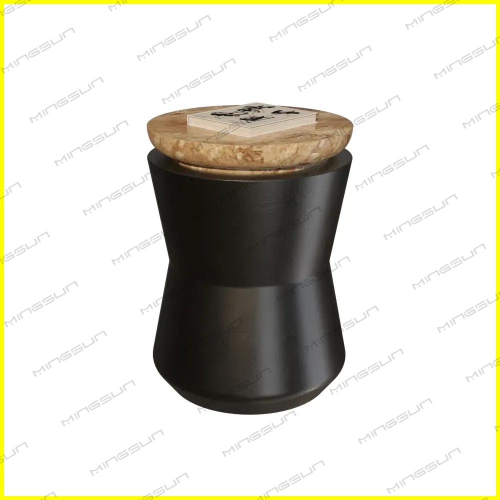 sculptural-black-drum-side-table-natural-wood-marble-top-minimalist-hotel-bedroom-furniture - MINGSUN