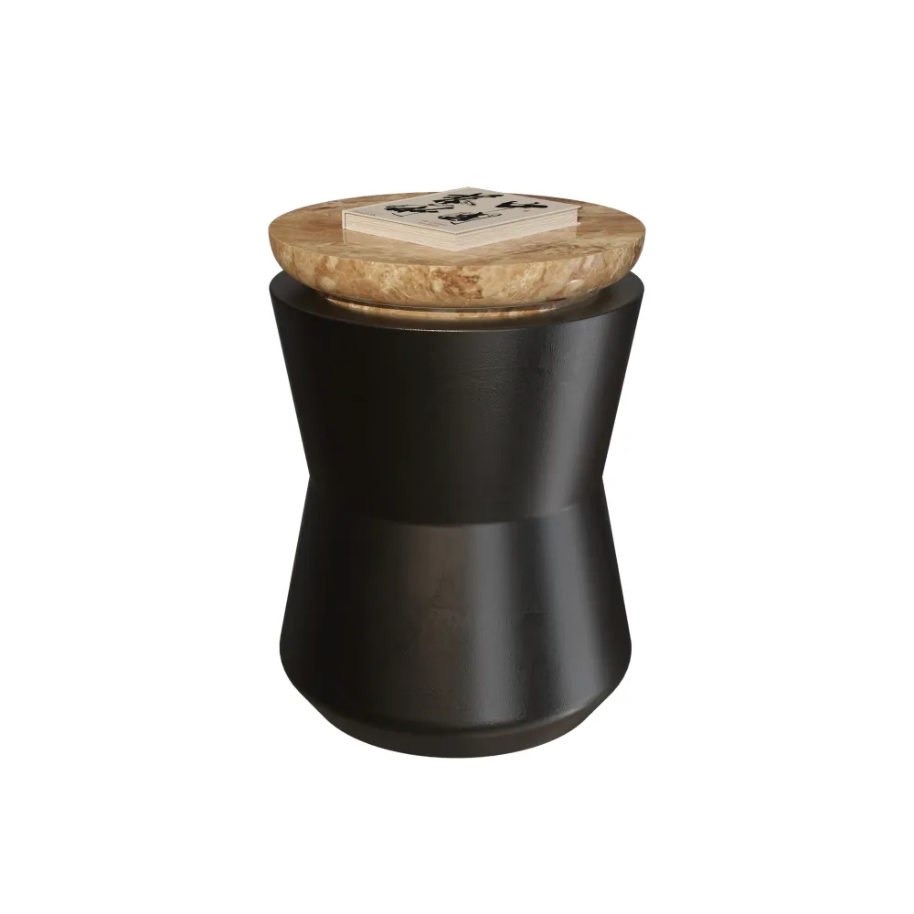 sculptural-black-drum-side-table-natural-wood-marble-top-minimalist-hotel-bedroom-furniture - MINGSUN