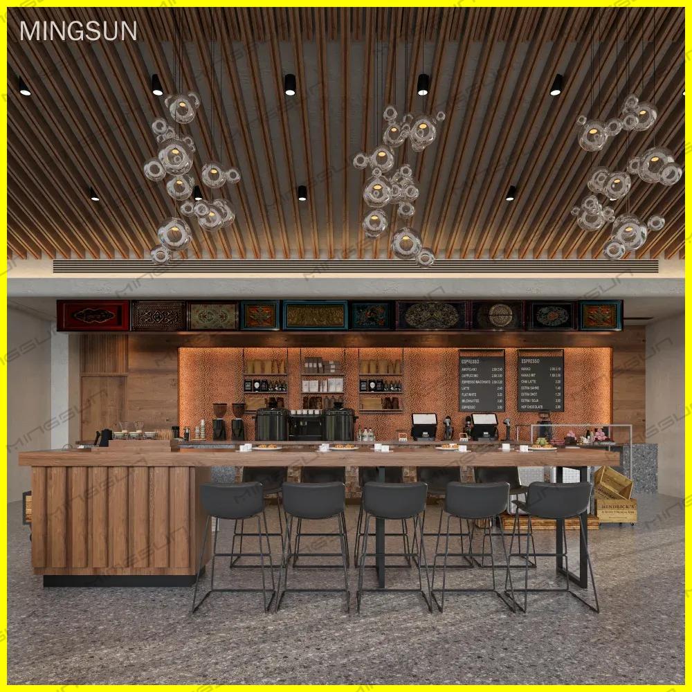 spacious-coffee-shop-design-with-wooden-ceiling-slats-decorative-wall-panels-and-comfortable-seating - MINGSUN