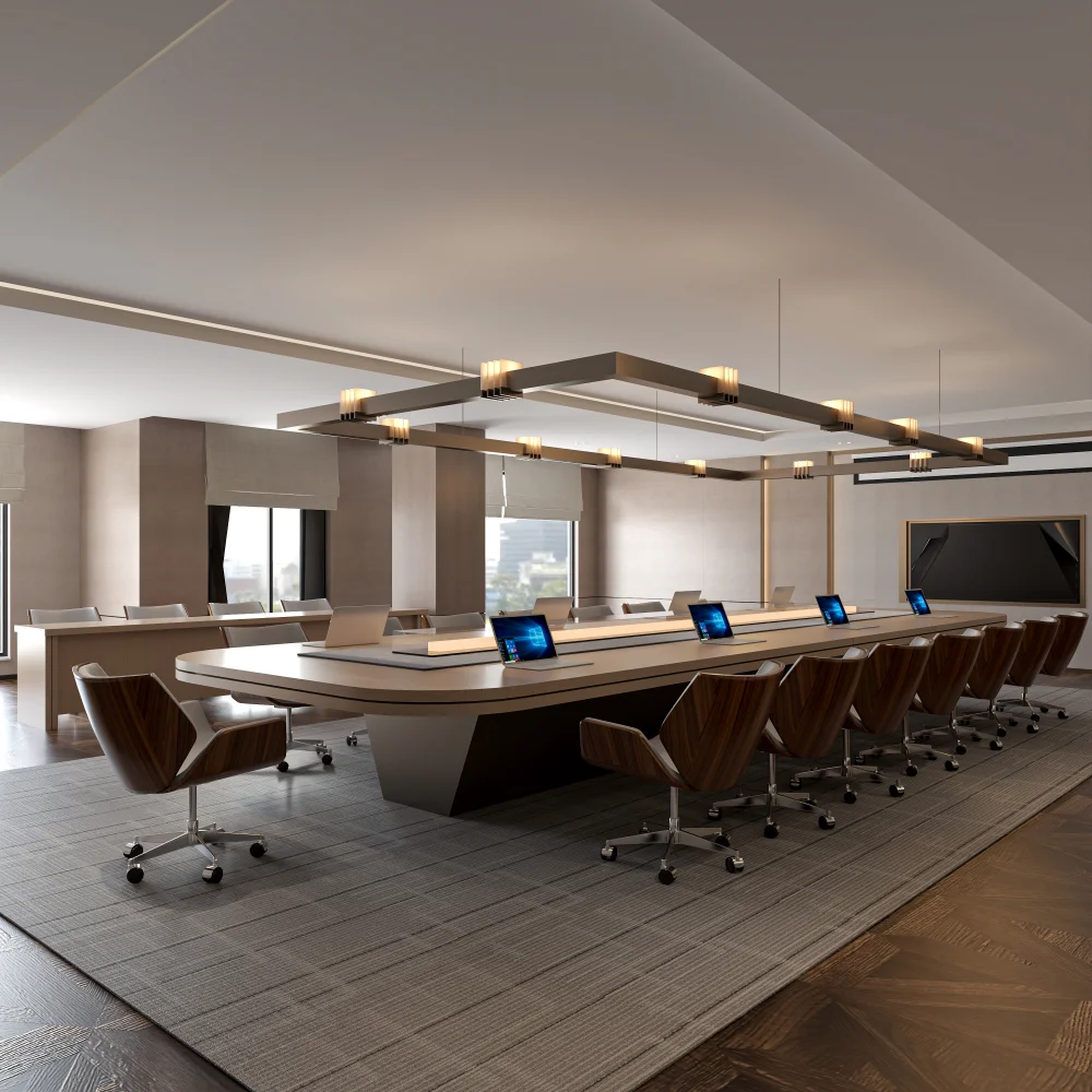 spacious-modern-meeting-room-with-integrated-tech-table-large-screen-and-herringbone-flooring
