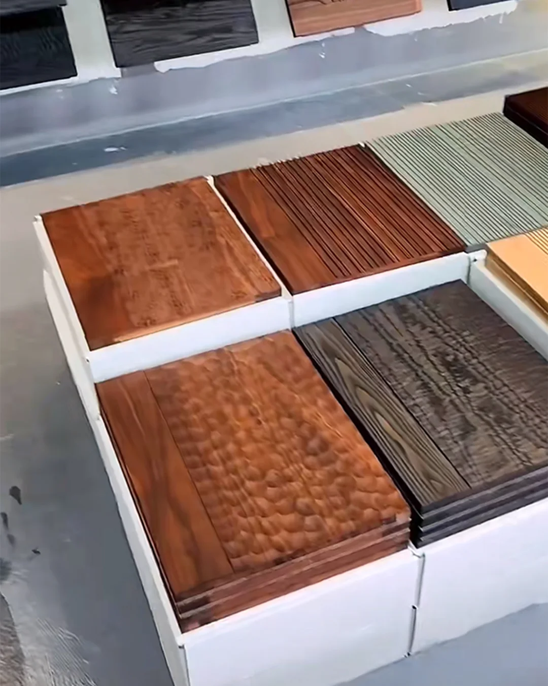 stacked-wood-texture-samples-with-grooved-hammered-and-smooth-finishes-for-hotel-furniture