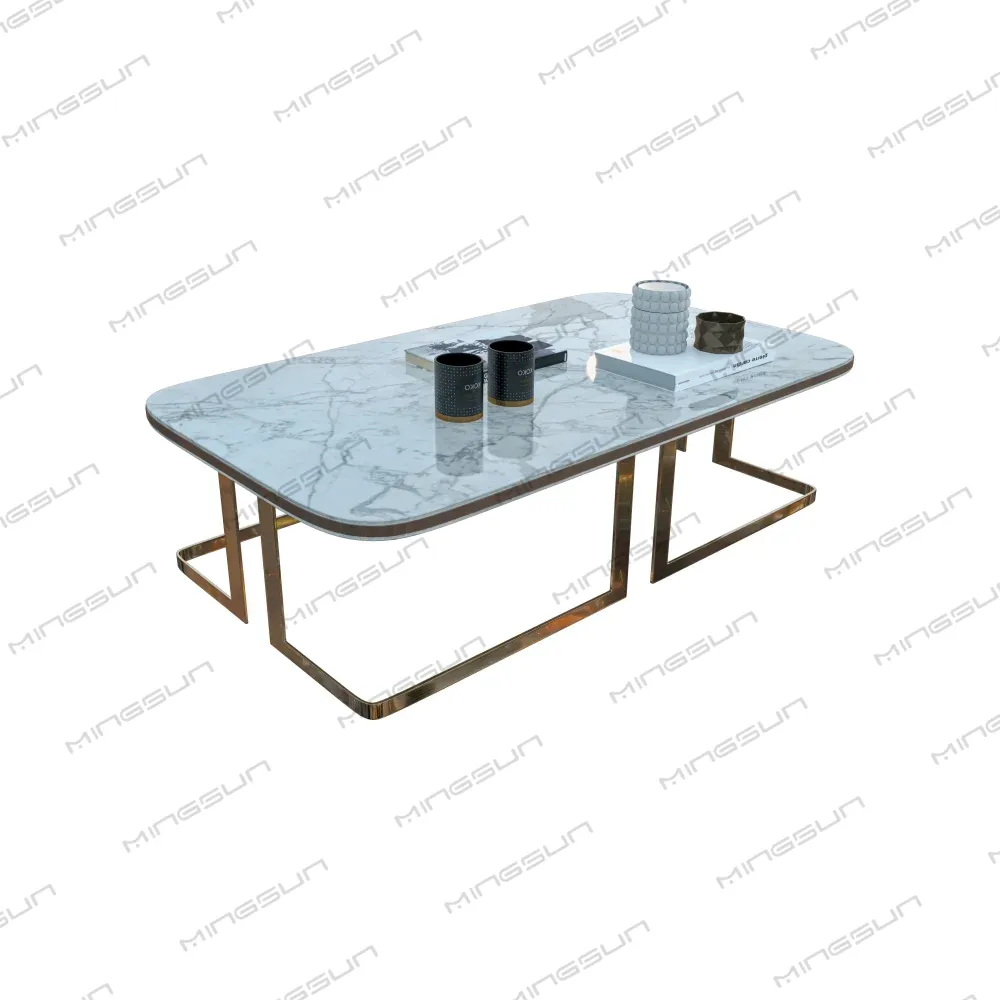 Marble-topped coffee table with gold metal base and decorative accessories. - MINGSUN Marble-topped coffee table with gold metal base and decorative accessories. - MINGSUN