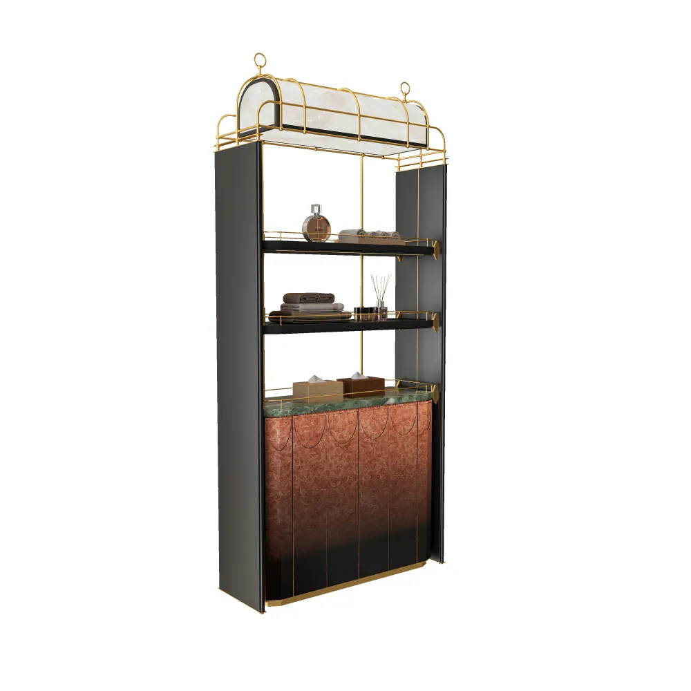 three tier commercial display rack with custom metal hardware and decorative top for premium clubhouses - MINGSUN