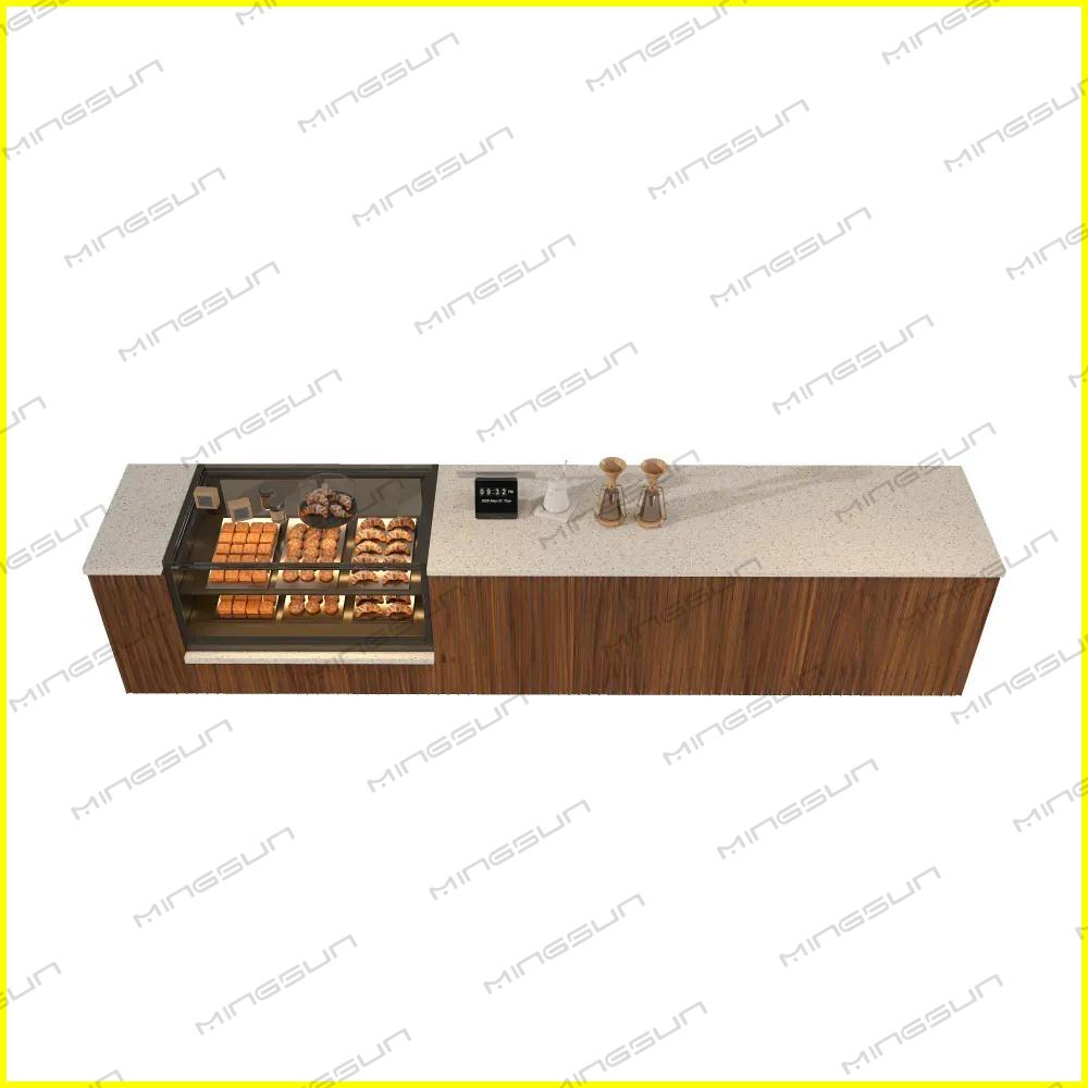 top view of marble top cafe counter featuring transparent food display showcase and professional barista workspace - MINGSUN