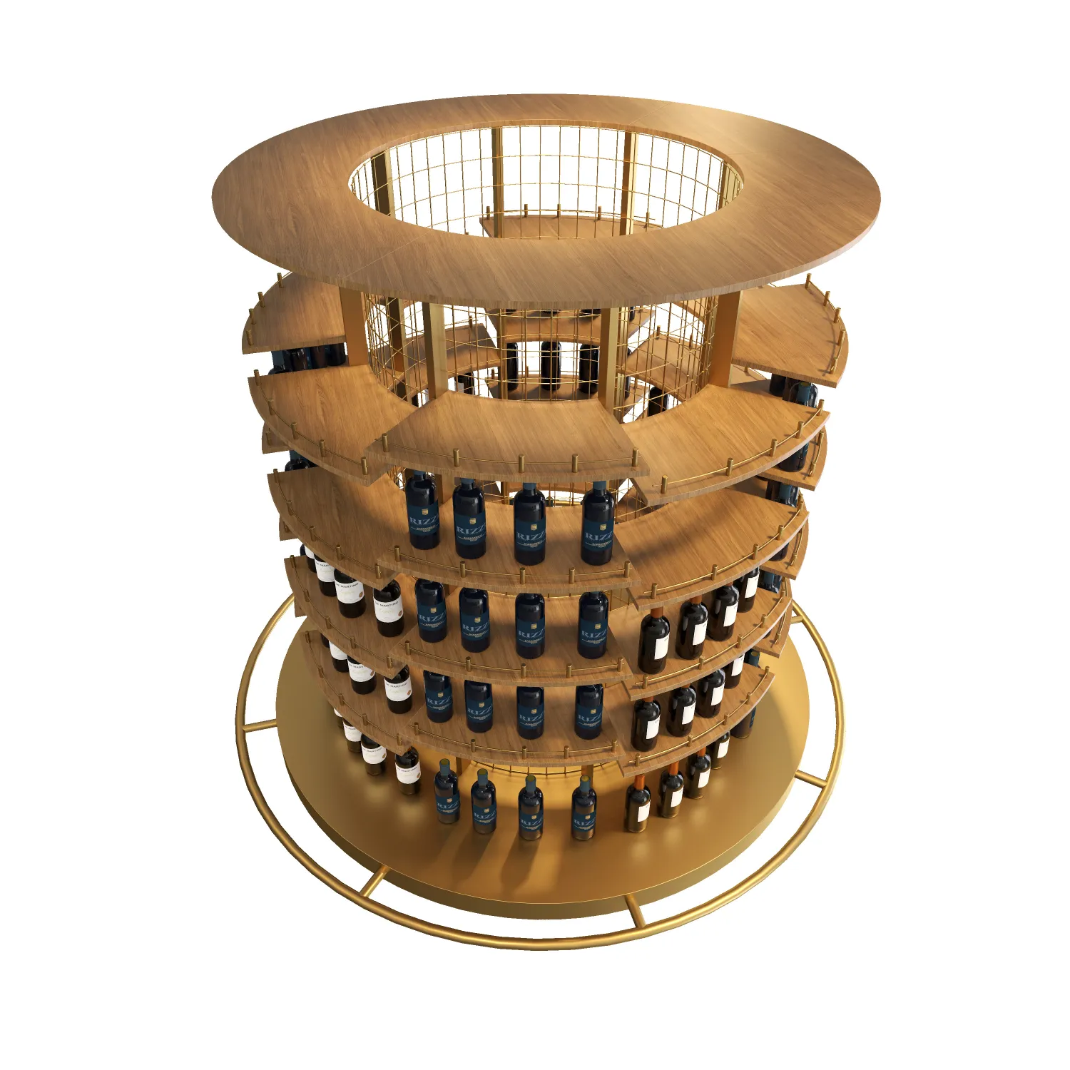 top-view-of-modern-circular-wine-display-with-wooden-shelves