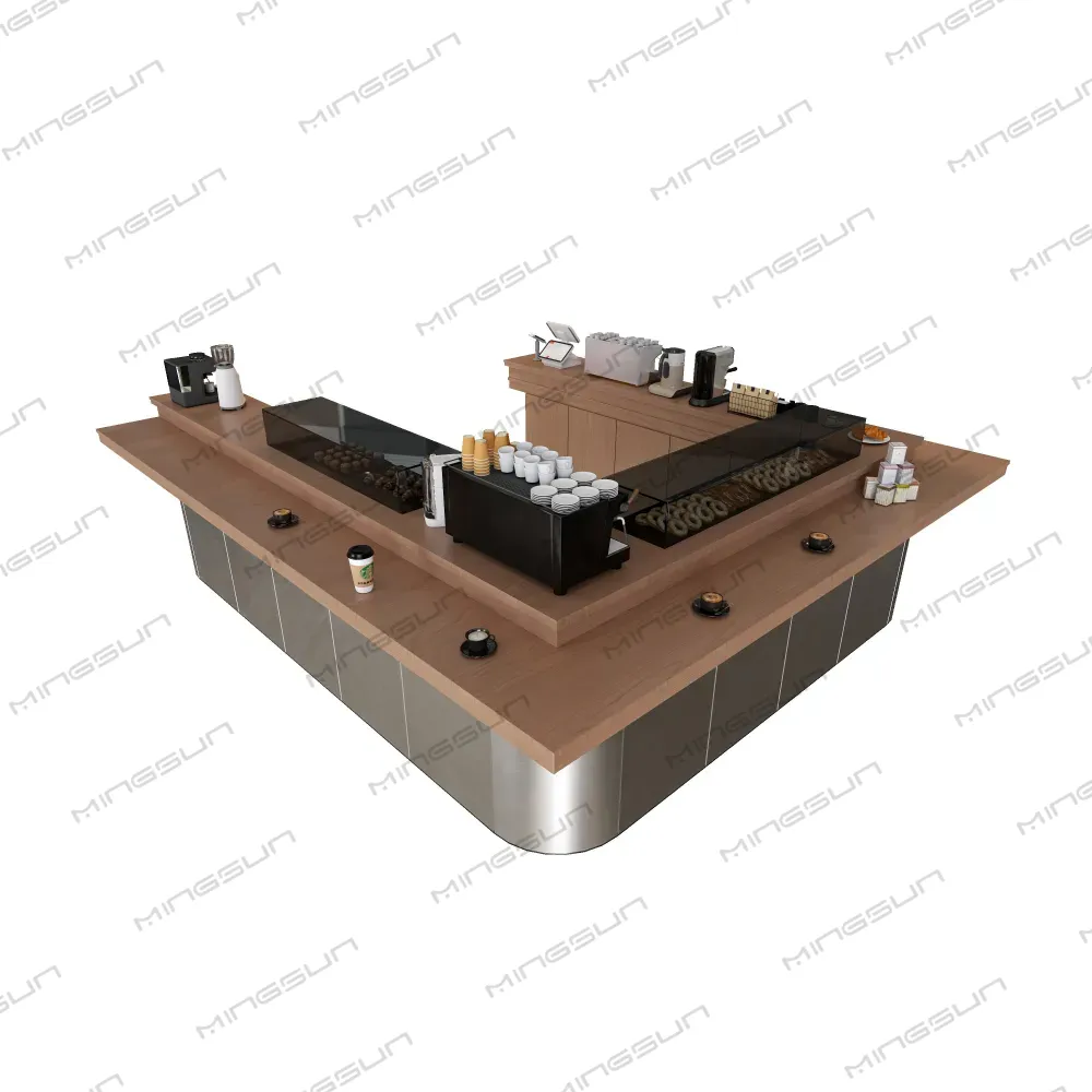 top view of premium walnut finish coffee bar desk with stone countertop and space for barista equipment - MINGSUN top view of premium walnut finish coffee bar desk with stone countertop and space for barista equipment - MINGSUN
