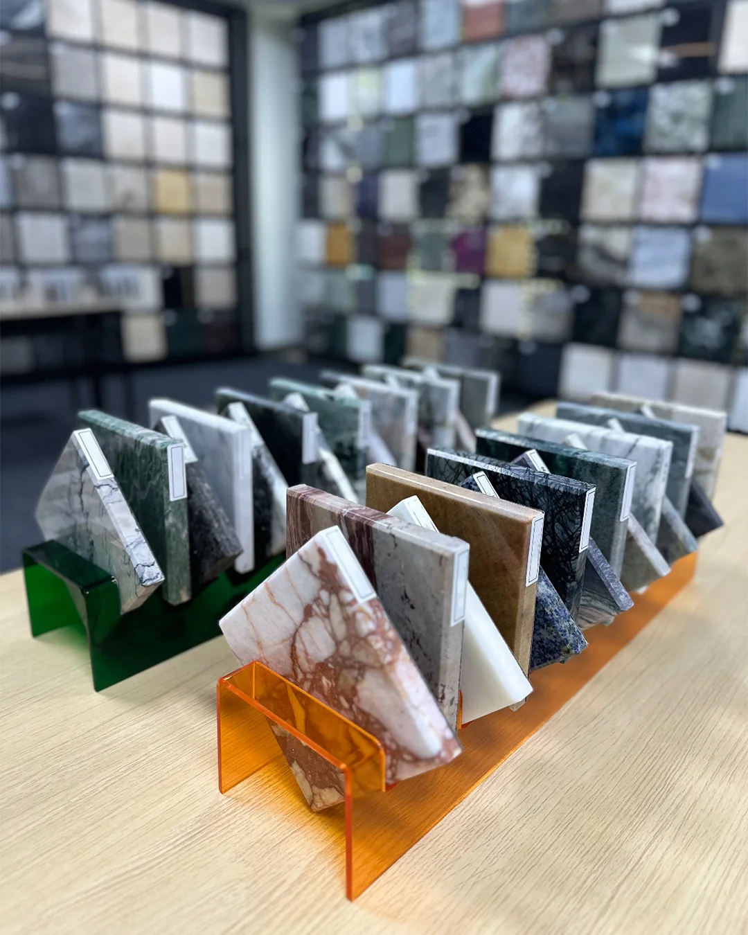 triangular-stone-sample-display-stand-on-wood-table-for-hotel-interior-material-selection