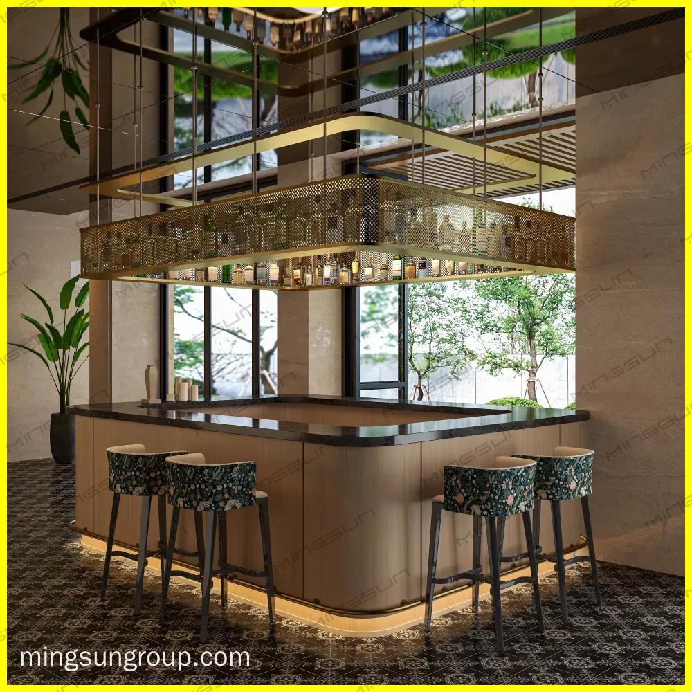 upscale-resort-lounge-bar-furniture-interior-scene-brass-mesh-liquor-display-and-stylish-stools - MINGSUN