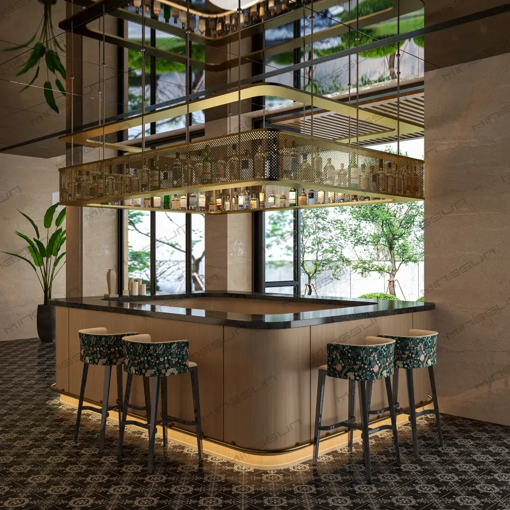 أثاث بار فاخر في ردهة منتجع - ديكور داخلي - عرض مشروبات كحولية من شبكة نحاسية ومقاعد أنيقة - مينغسون أثاث بار فاخر في ردهة منتجع - ديكور داخلي - عرض مشروبات كحولية من شبكة نحاسية ومقاعد أنيقة - مينغسون