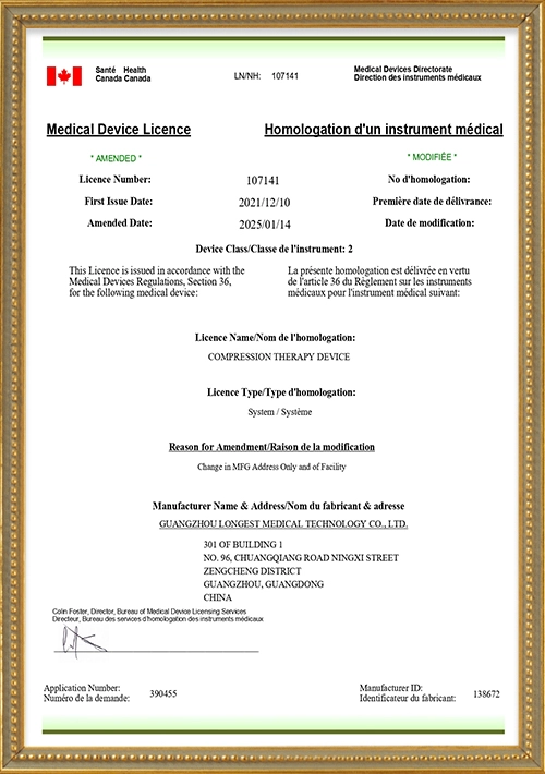 Canada Health Canada Medical Device Licence for Compression Therapy Device