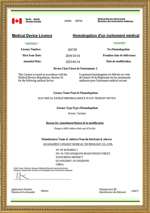 Canada Health Canada Medical Device Licence for Electrical Extracorporeal Shock Wave Therapy Device