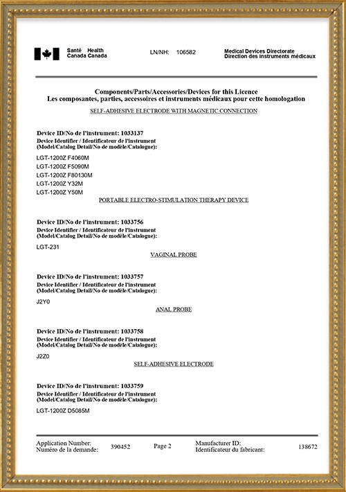 Canada Health Canada Medical Device Licence for Portable Electro - Stimulation Therapy Device (2)