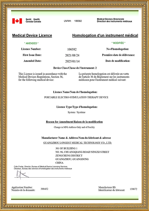 Canada Health Canada Medical Device Licence for Portable Electro - Stimulation Therapy Device