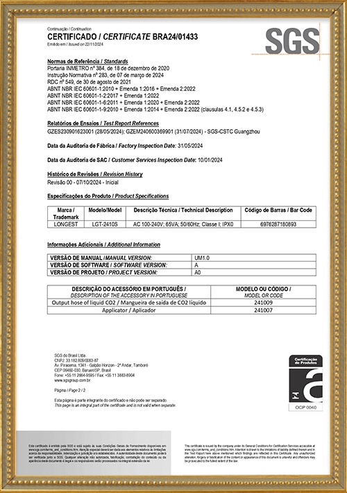 Certificate of Conformity for Cryotherapy Device issued by SGS Brazil