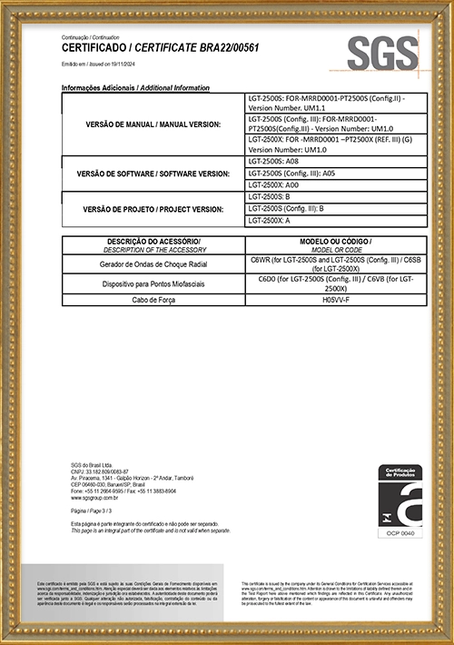 Certificate of Conformity for Electrical Extracorporeal Shock Wave Therapy Device issued by SGS Brazil