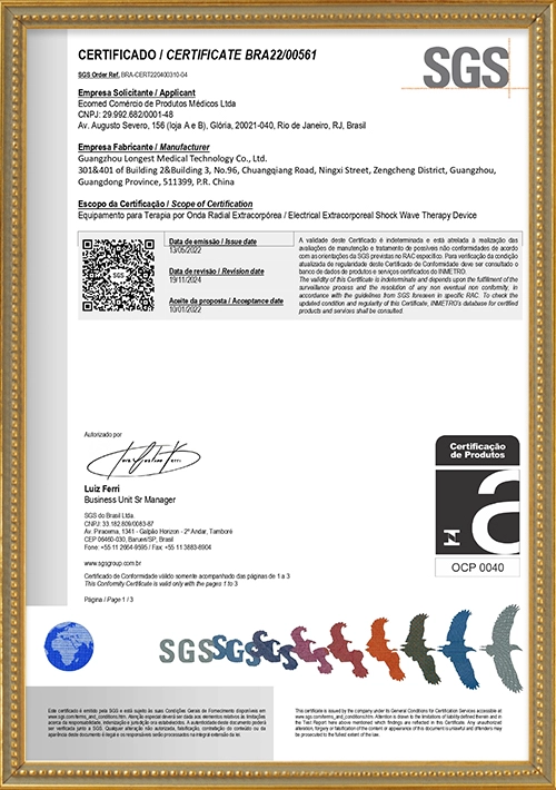 Certificate of Conformity for Electrical Extracorporeal Shock Wave Therapy Device issued by SGS Brazil