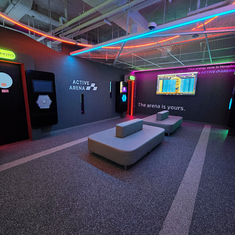 Active game room layout with LED floor laser maze hoops and wall reaction games