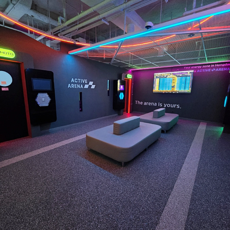 Active game room layout with LED floor laser maze hoops and wall reaction games