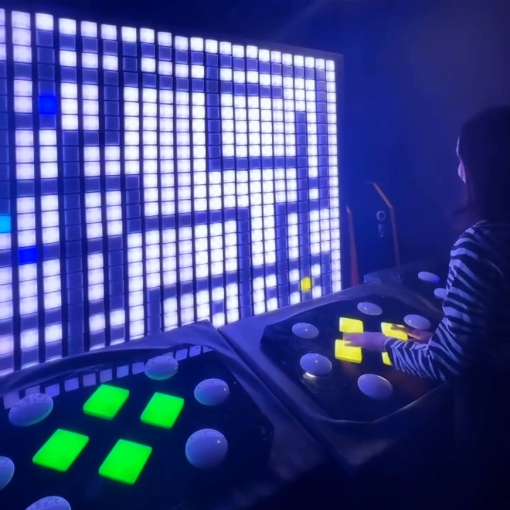 Interactive LED wall tile control button reaction game system for active game rooms