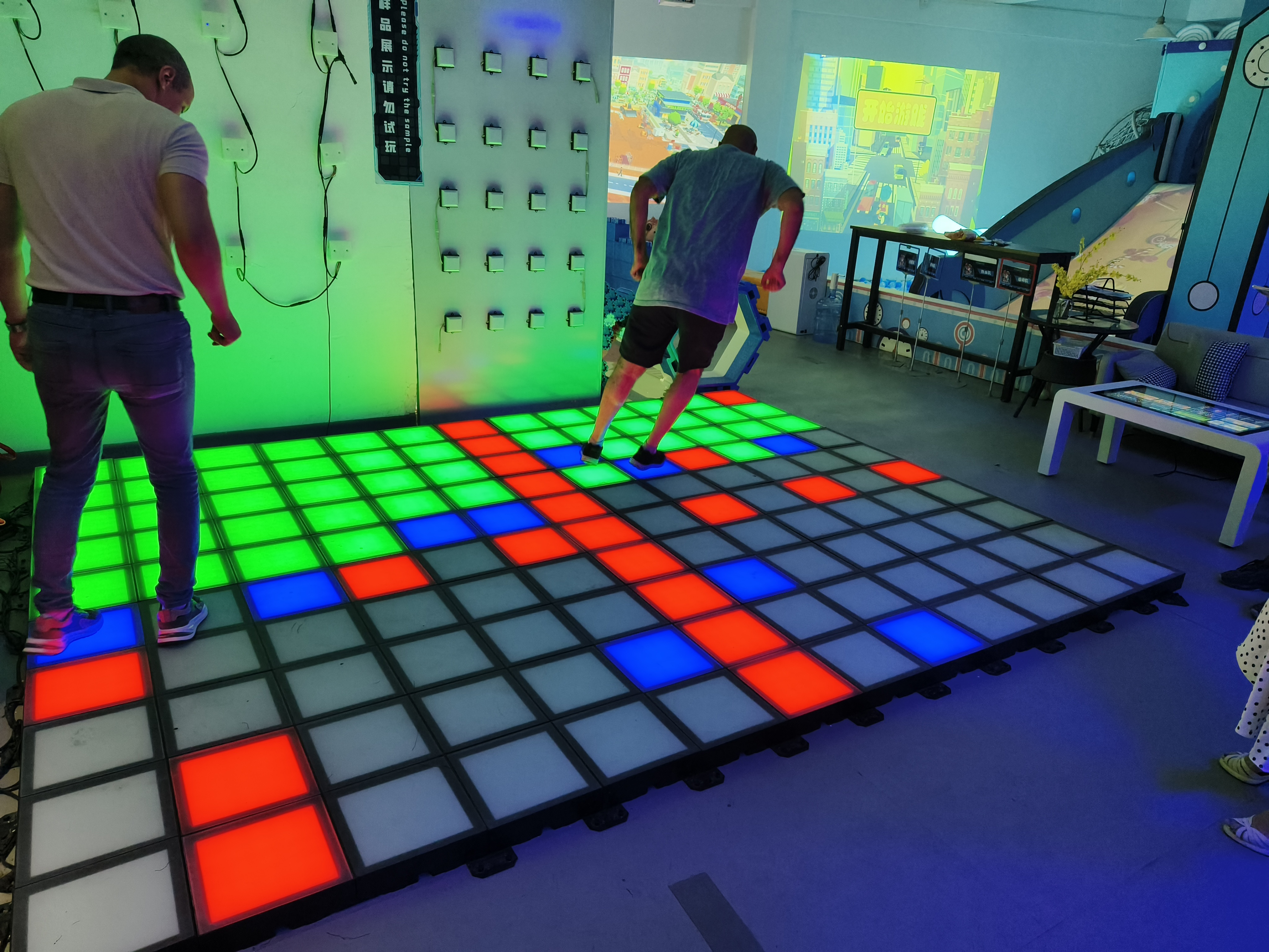 LED dance grid floor system with interactive game room solution for active entertainment venues