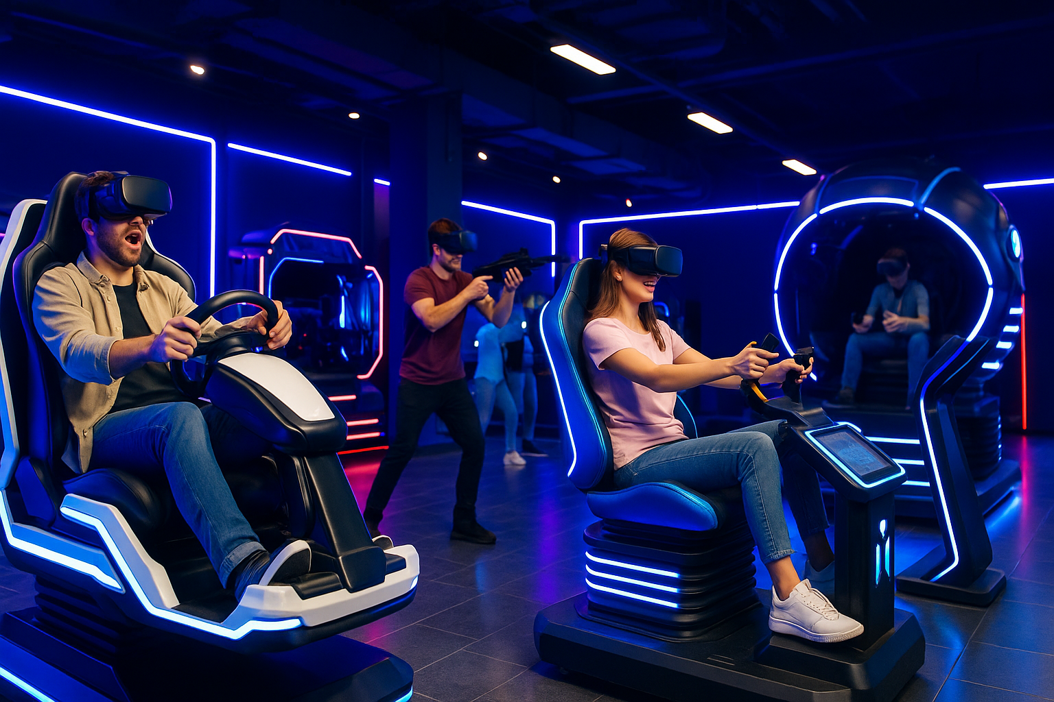 himmersive VR arcade setup with racing and shooting games