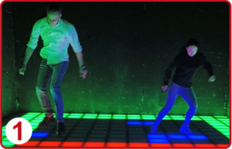 Interactive LED floor game with colored floor squares for active game rooms