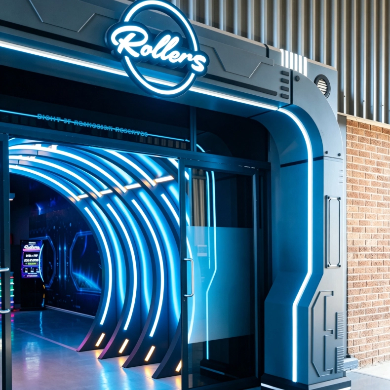 Players competing in a turnkey Activate Game center with interactive challenge rooms and digital leaderboards