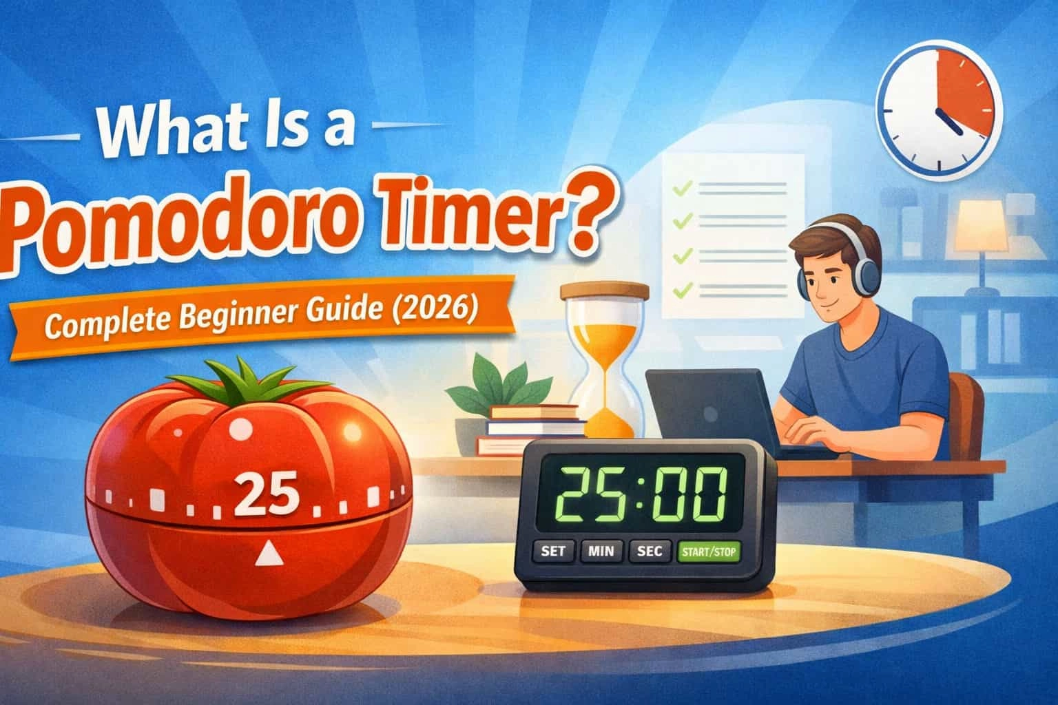 Pomodoro Timer guide with tomato timer, digital timer, and person working on laptop. - Youben life