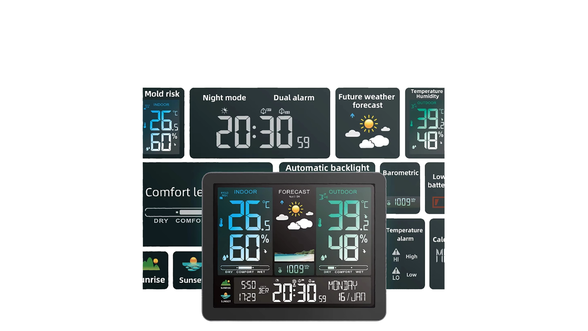7Thermometer With Alarm Clock Min Max Data Logging Temp Humidity - Youben life
