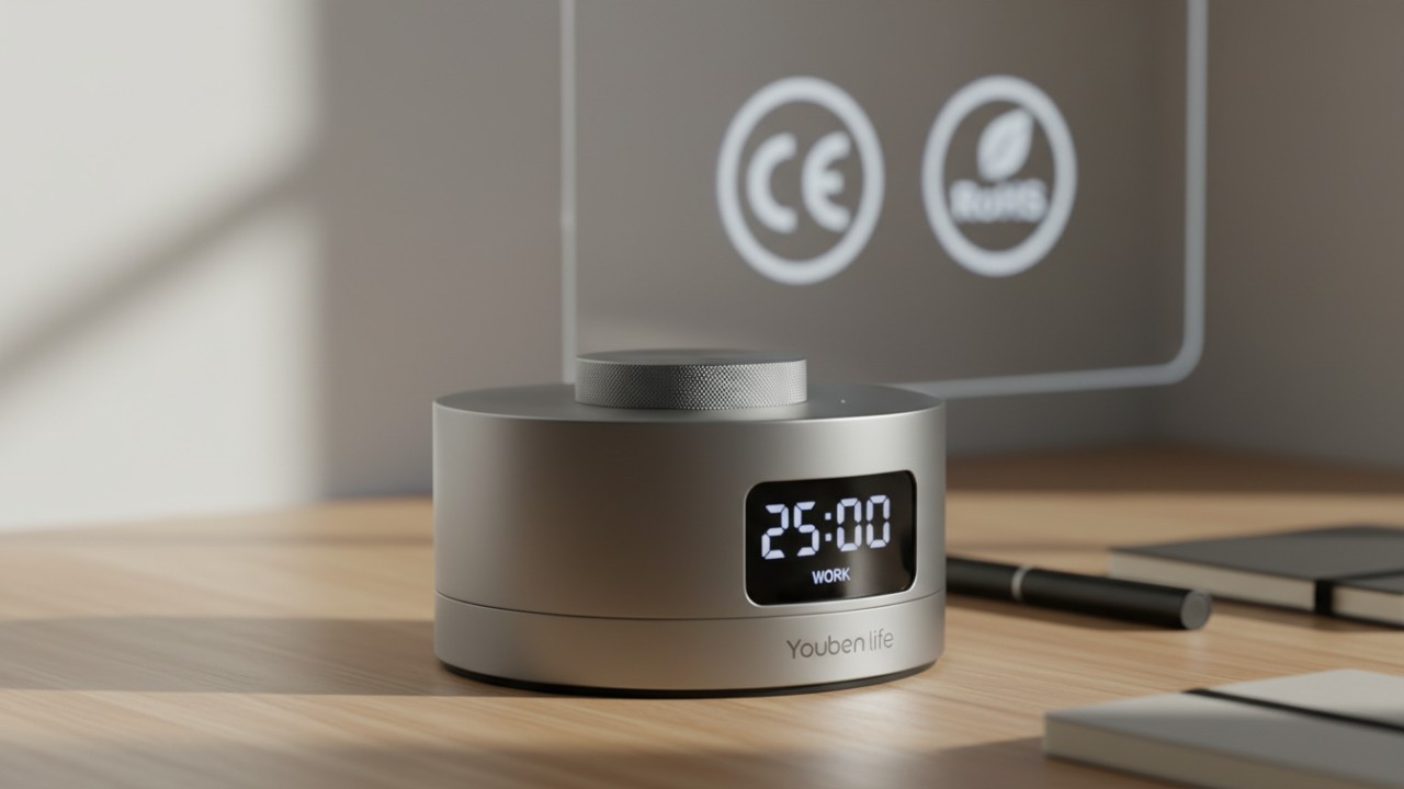 A modern 2026 Pomodoro timer showcasing high build quality and global certifications