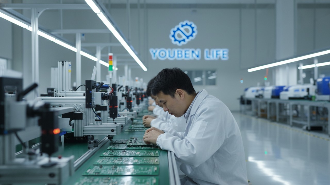 A professional electronics manufacturing facility showing quality control for digital timer PCBs
