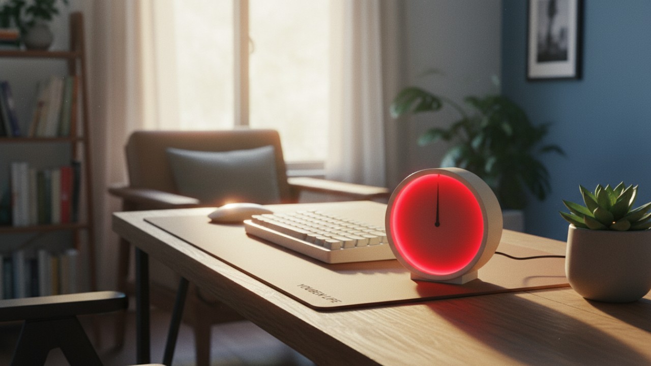 Aesthetic home office desk setup featuring a visual Pomodoro timer for deep work focus